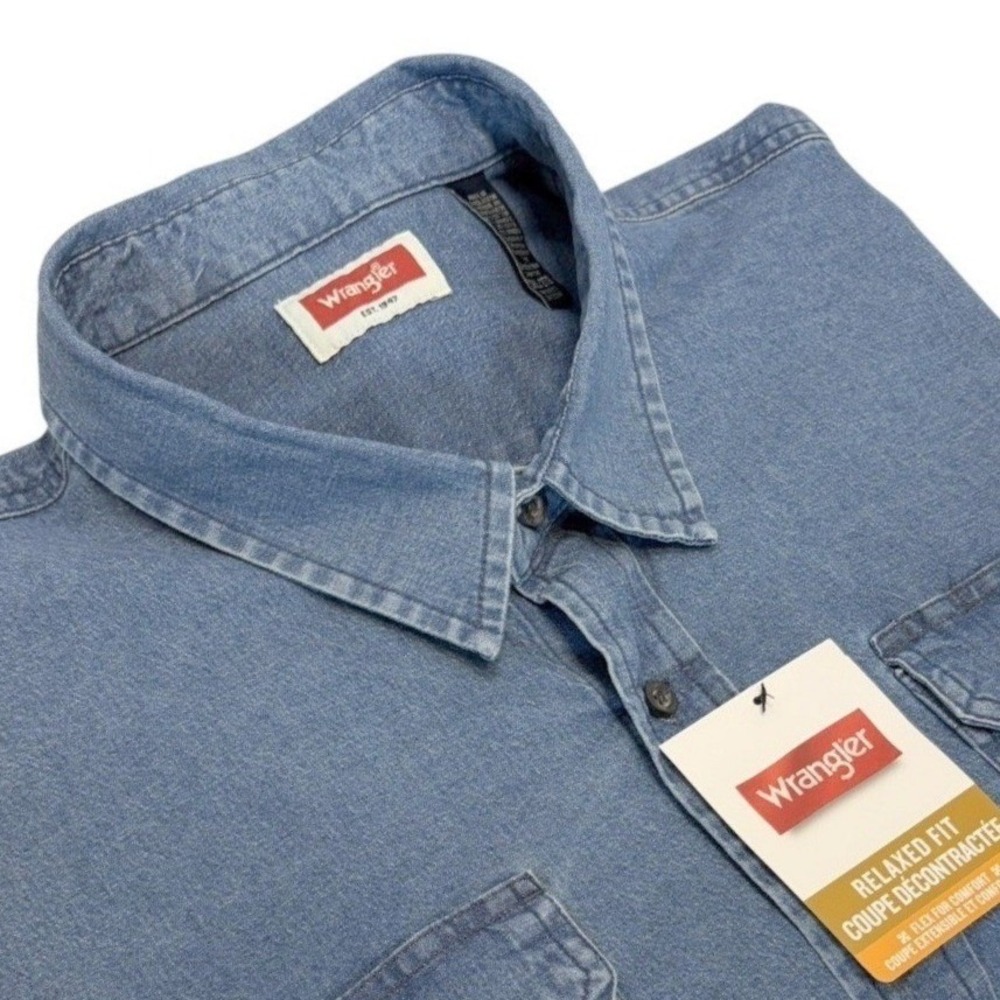 Wrangler Short Sleeve Denim Button Down Shirt Blue Mens 2XL Relaxed Fit Workwear